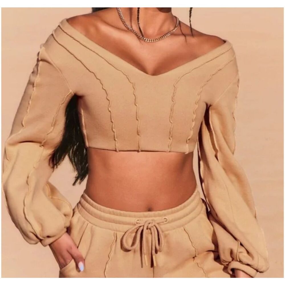 Oh Polly Cropped Ruffle Bubble Puff Sleeved Sweatshirt Size 8